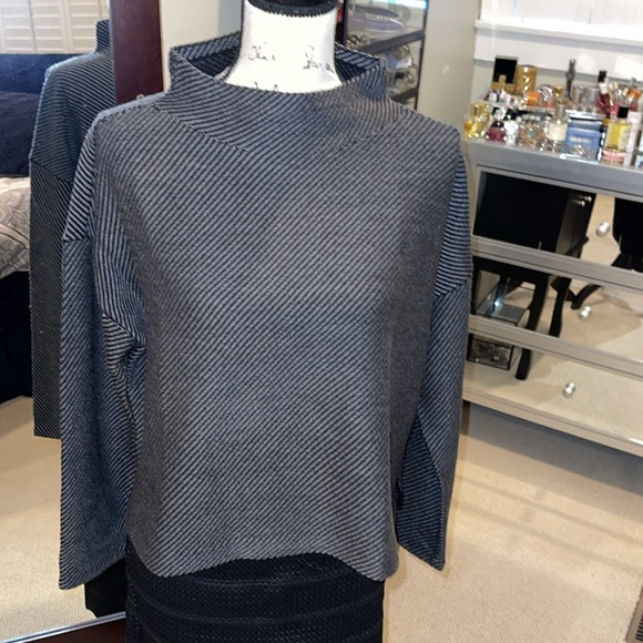 NWT Eileen Fisher diagonal stripe funnel neck sweater Italian Extra fine Merino - Picture 2 of 5